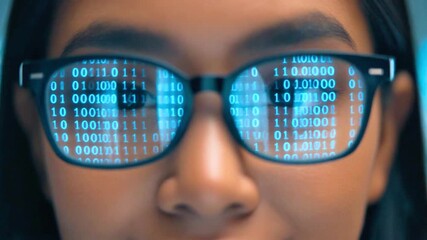 Close up of woman wearing smart glasses with digital interface reflection, futuristic technology innovation and focus, blue data reflection - Powered by Adobe