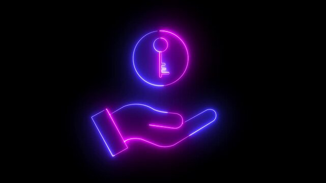 Animated black line icon of hand tossing a coin that morphs into a shield and key symbol. Represents financial safety, savings protection, Isolated illustration on dark background. Transition alpha ,