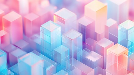 Transparent and translucent cubes creating a vibrant abstract cityscape, visualizing modern data networks, technology growth, and interconnected digital concepts with soft gradient lighting