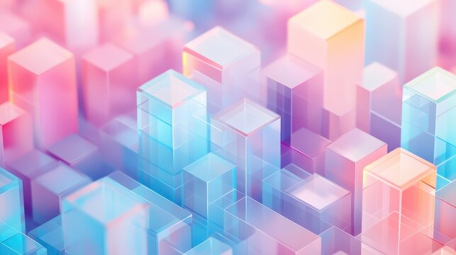 Transparent and translucent cubes creating a vibrant abstract cityscape, visualizing modern data networks, technology growth, and interconnected digital concepts with soft gradient lighting - Powered by Adobe