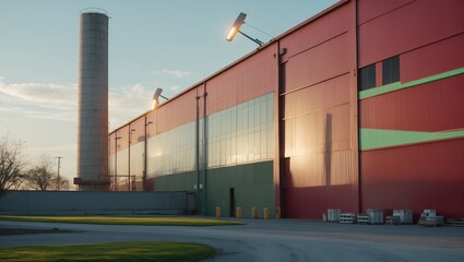 Industrial building with colorful metal panels reflecting sunlight during golden hour, surrounded by greenery