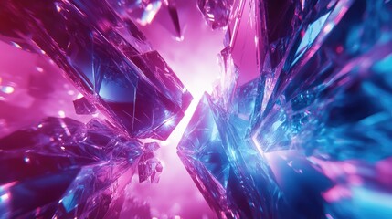 Abstract crystal fragments create a dynamic, futuristic background with geometric shapes, reflecting vibrant pink and blue light in a sparkling, complex digital pattern