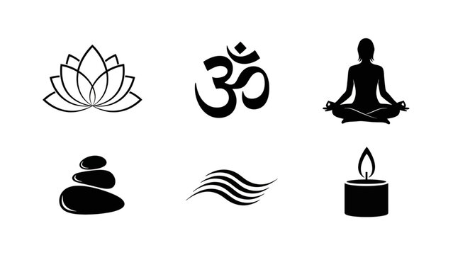 Yoga and meditation symbols lotus ohm silhouette stacked stones waves candle