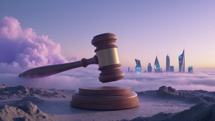A symbolic representation of justice with a large wooden gavel set against a futuristic skyline enveloped in mist at dawn