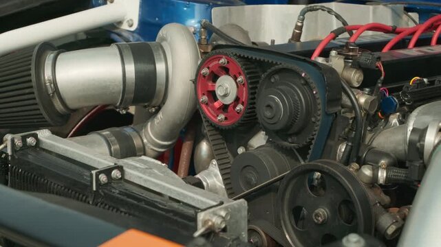 Close-up of a running vehicle engine shaking and then stopping, representing mechanical failure, stalling, or turning off.