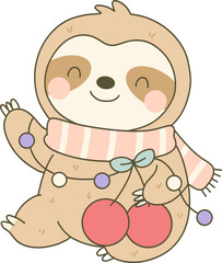 Fototapeta premium Waving Sloth with Christmas Lights and Striped Scarf Holding Cherries