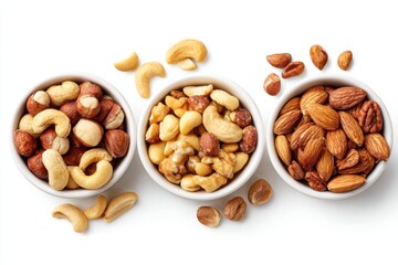Assorted nuts in bowls on white background