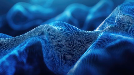 Blue abstract mesh structure visualizes interconnected data flow, representing modern technology, artificial intelligence, and global network communication with depth and dynamic motion