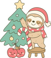 Sloth Decorating Christmas Tree with Candy Cane and Santa Hat