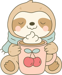 Sloth in Scarf Holding Hot Chocolate or Coffee Mug with Whipped Cream