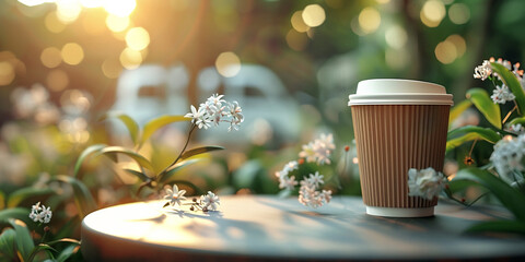 Coffee cup on a table surrounded by blooming flowers in a serene outdoor setting