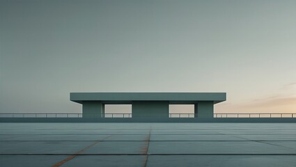 A minimalist architectural structure against a serene backdrop during twilight, showcasing clean lines and a tranquil atmosphere