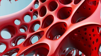 Abstract 3D render of a complex red organic structure. Porous cellular network with a futuristic lattice pattern. Modern biology and technology background