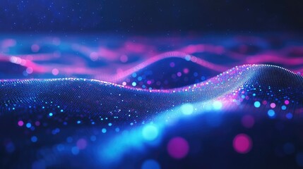 Abstract digital landscape showing glowing particles forming waves and colorful bokeh lights, representing concepts of data visualization, big data processing, and future technology