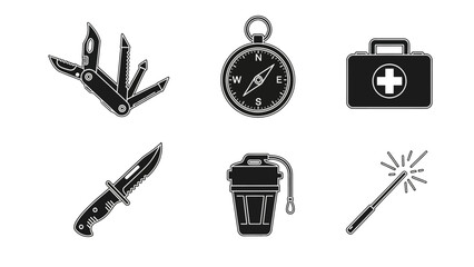 Fototapeta premium Essential survival tools knife compass first aid kit and more illustrated