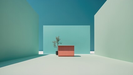 Minimalist interior design featuring a wooden desk and a potted plant against pastel walls