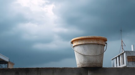 Naklejka premium A weathered bucket sits on a concrete wall against a dramatic overcast sky