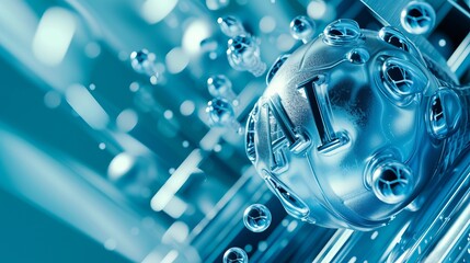 Abstract artificial intelligence concept with a metallic sphere. Futuristic technology and data network background. Digital innovation in cyberspace with copy space