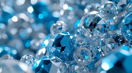Abstract background of sparkling blue and silver faceted crystals. A luxurious cluster of brilliant diamonds and jewels with shimmering light reflections. Macro gemstone texture