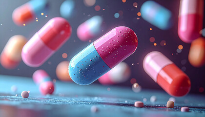 Capsule pill floats in air with soft bokeh background in clean medical style
