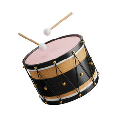 3D illustration of a drum and drumsticks isolated on white and transparent background