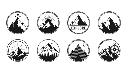Mountain range logos in circle frame adventure exploration nature designs