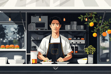 Young man preparing fresh food in a vibrant food truck with colorful ingredients and decor