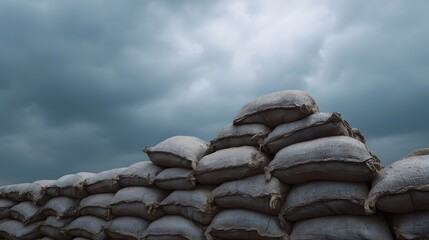 A formidable wall of burlap sandbags stacked high for protection stands against a dramatic dark and overcast sky
