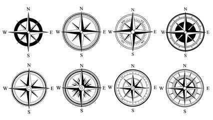 Set of compass rose illustrations navigation elements for guidance and direction