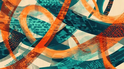 Abstract background blending bold orange and teal brush strokes with various overlapping textures like animal print, bricks, and stripes, creating a dynamic and creative contemporary design