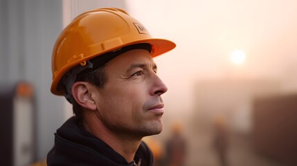 A construction worker in an orange hard hat gazes thoughtfully into the misty sunrise at a building site