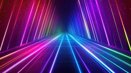 Abstract background showing colorful neon light lines creating a futuristic glowing tunnel or endless digital road, conveying concepts of speed, data, and technology