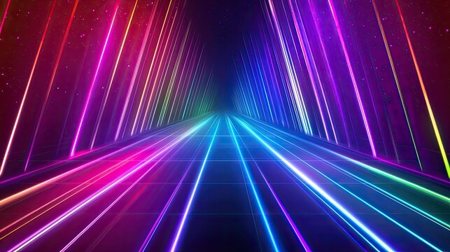 Abstract background showing colorful neon light lines creating a futuristic glowing tunnel or endless digital road, conveying concepts of speed, data, and technology - Powered by Adobe