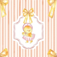 Watercolor cute hand drawn animal baby animal. character little chicken baby shower, easter, cottage core ribbon bow