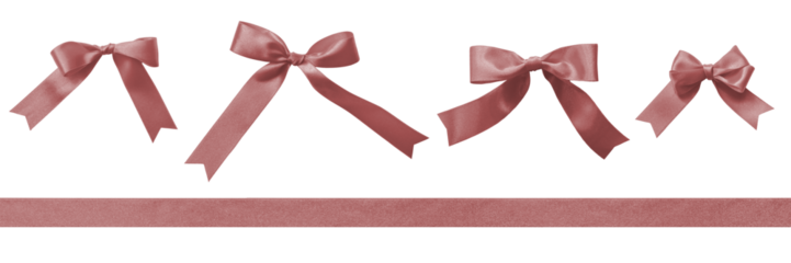 Rose gold pink bow satin ribbon stripe set, png  isolated on white background for Christmas and wedding card, gift box design decoration element