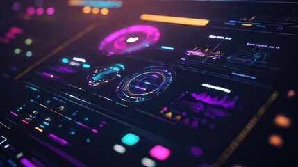 Futuristic control panel presenting complex analytics through glowing, colorful visual elements, symbolizing advanced technology and intricate network analysis
