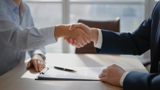 Two colleagues exchanging and signing important documents while maintaining a calm cooperative atmosphere inside a bright softly lit professional meeting environment