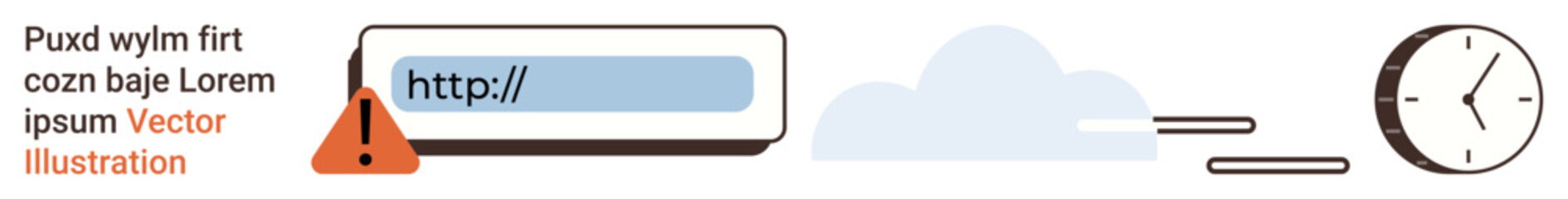 Cybersecurity, website speed optimization, data protection, alert systems, internet safety, and efficiency. Warning icon with a URL bar, cloud and clock. Cybersecurity and website speed optimization