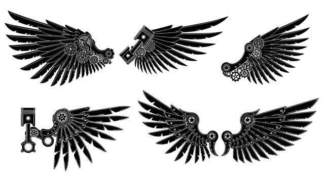 Steampunk style wing illustrations isolated on white with mechanical details