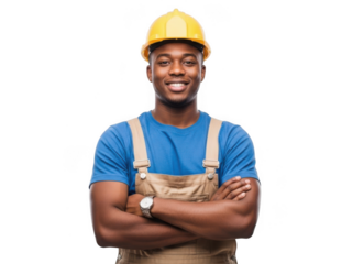 Confident construction worker in yellow hard hat and blue shirt