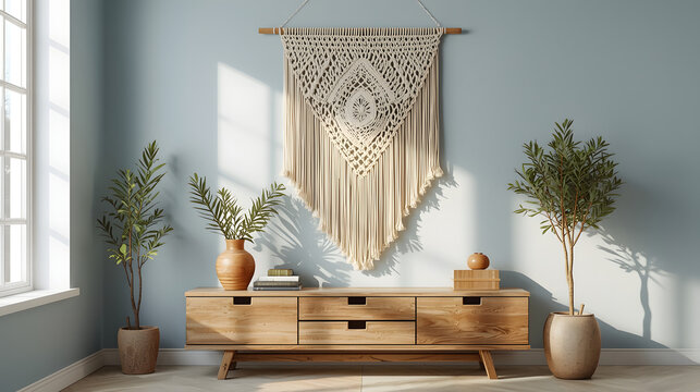 Modern living room - Boho-style interior with a large macram&eacute; wall hanging on a soft blue wall, natural sunlight casting gentle shadows. Rustic wooden console table with drawers, minimal d&eacute;cor