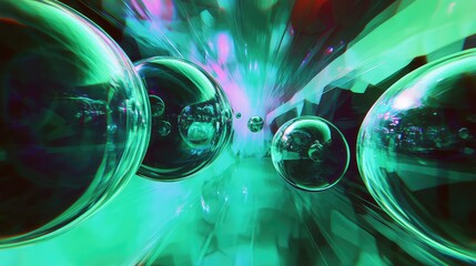 Transparent spheres and bubbles drifting through a vibrant, illuminated abstract tunnel, creating a dynamic background for concepts of data flow, future technology, and digital connection