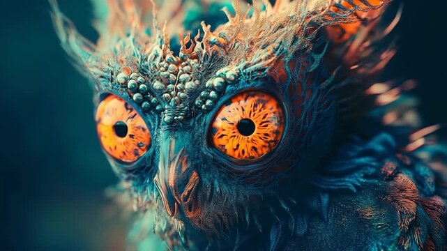 Creature with human eyes and animal features in a mystical forest during twilight
