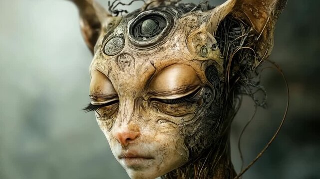 Creature with human eyes and animal features in a mystical forest during twilight