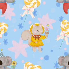 A cute animal birthday party with a dessert. Celebrating the birthday.Seamless pattern watercolor decoration hand-drawn