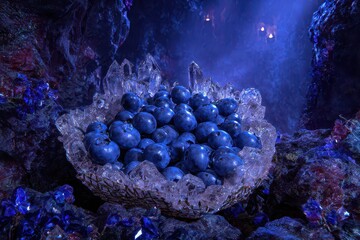 Fototapeta premium Blueberries In Crystal Bowl With Cosmic Background And Blue Light