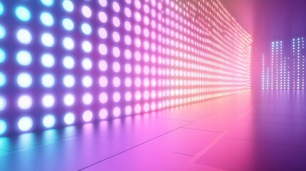 Abstract technology background showing futuristic digital wall with glowing circular neon lights creating a vibrant gradient effect and a dynamic sound equalizer display on the right