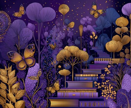 Colorful butterflies and flowers in a purple garden with steps leading into the night sky