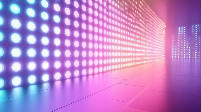 Abstract technology background showing futuristic digital wall with glowing circular neon lights creating a vibrant gradient effect and a dynamic sound equalizer display on the right - Powered by Adobe