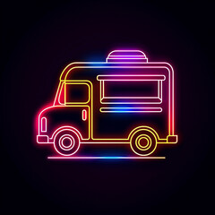 Neon illustration of a food truck with vibrant colors and glowing lights on a dark background